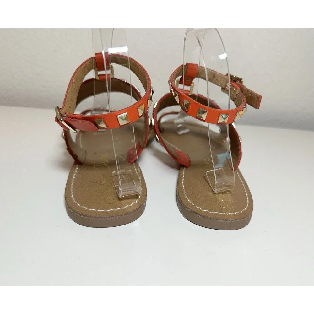 Arturo Chiang‎ Orange Gold Studded Leather Flat Ankle Strap Sandals Women's 9M